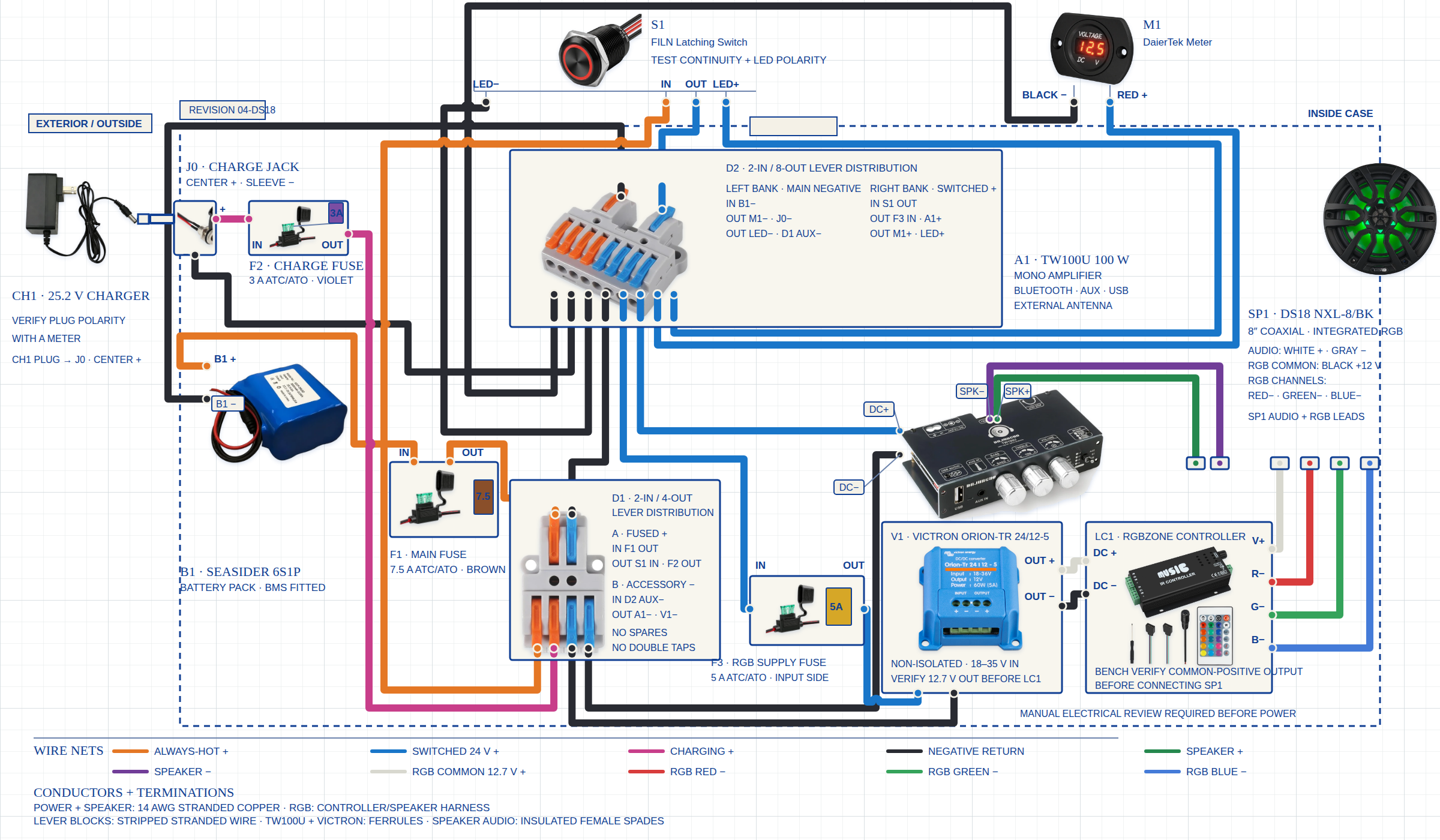 Apache 2800 DS18 RGB boombox wiring blueprint showing charging, power, audio, and lighting connections