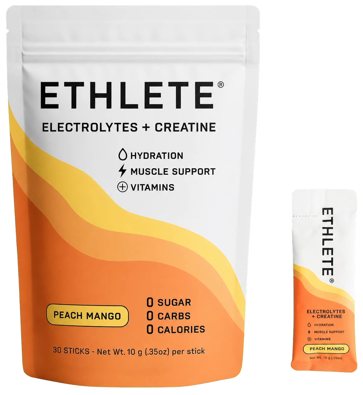 Ethlete Peach Mango electrolyte and creatine powder pouch with a single-serve stick